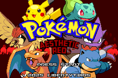 Title screen with the Aesthetic Red logo and a Pikachu, Charizard and Venusaur in the artwork