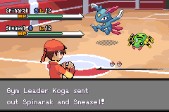 A Gym Leader battle against Koga's Spinarak and Sneasel
