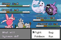 A battle menu with Cloyster, Dewgong, Sylveon and Sirfetch'd's HP bars visible