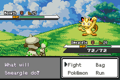 A wild Meowth battle against a Smeargle on a grassy route