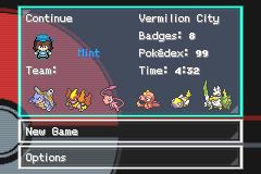 The title screen's Continue menu showing badges, Pokédex count and play time