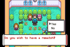 A trainer rematch prompt in a garden area