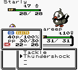 A battle between a Starly and a Mareep, with Tackle and Thundershock on the move list and the move's power and accuracy shown