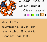 The Pokédex ability page for Charizard: “Summons sun on switch. Sp.Atk boost on KO.”