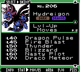 The Pokédex level-up moves page for Hydreigon, listing moves from Dragon Pulse to Draco Meteor