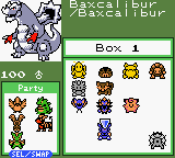 The reworked PC box screen with a Baxcalibur selected and a grid of stored Pokémon icons
