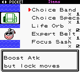 The items pocket open on Choice Band, with the description “Boost Atk but lock moves”