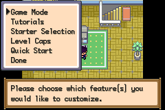 The new-game customization menu, offering Game Mode, Tutorials, Starter Selection, Level Caps and Quick Start