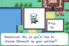 Hawthorne asking the player to confirm Oshawott as their starter, with the Pokémon shown in a dialogue box