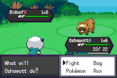 An early battle between a level 3 Oshawott and a wild level 6 Bidoof, with the Fight/Bag/Pokémon/Run menu open
