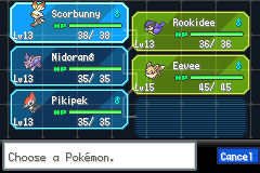 A party-selection screen showing Scorbunny, Rookidee, Nidoran, Eevee and Pikipek, all around level 13