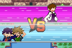 A VS screen introducing a battle against two trainers standing together, facing the player across a pink-tiled arena