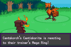 A Centiskorch Mega Evolving mid-battle against a Toxtricity, with the text "Centiskorch's Centiskorite is reacting to their trainer's Mega Ring!"
