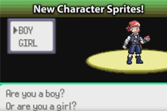 A New Character Sprites screen offering Boy or Girl, with a red-haired boy trainer sprite standing in a spotlight