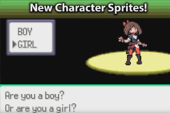 The same New Character Sprites screen with Girl selected, showing a girl trainer sprite with a ponytail standing in a spotlight