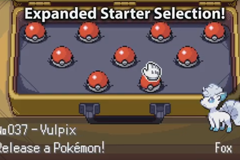 An Expanded Starter Selection screen with a grid of Poké Balls to pick from, showing Vulpix, No. 037, and the prompt Release a Pokémon!