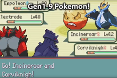 A Gen1-9 Pokémon double battle: the player's Empoleon and Electrode, both level 40, face an opponent sending out Incineroar and Corviknight, both level 42
