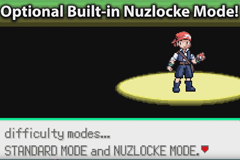 An Optional Built-in Nuzlocke Mode screen listing difficulty modes, Standard Mode and Nuzlocke Mode, with a trainer sprite standing in a spotlight