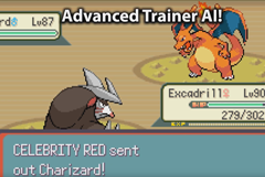 An Advanced Trainer AI battle, with the opponent Celebrity Red sending out Charizard against the player's Excadrill at level 90