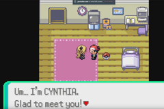 An indoor scene where an NPC introduces herself: Um... I'm Cynthia. Glad to meet you!, next to a bed and a clock on the wall