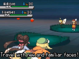 A double battle on a dark green field: a level-30 Watchog and a level-30 Ribombee against two trainers, captioned "Travel with new and familiar faces!"