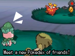 A grassy overworld with a green cocoon-like Pokémon and two others across the water, captioned "Meet a new Pokedex of friends!"