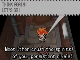 An orange-haired trainer in a stone building, speech reading "Think again! Let's go!", captioned "Meet (then crush the spirits) of your persistent rivals!"
