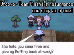Three Team Plasma members on a wooden dock demanding a Koffing back, captioned "Uncover Team Plasma's resurgence one step at a time!"