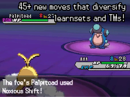 A battle where a level-27 Palpitoad uses Noxious Shift against a level-28 Pokémon, captioned "45+ new moves that diversify learnsets and TMs!"