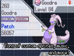 A Pokédex entry screen for a level-84 Goodra shown as a Dragon and Poison type, captioned "Tons of custom sprites, music, and more!"