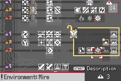 A battle-modifier selection grid with icons for effects like fire, poison and status conditions, a counter reading 14 in the corner and the label Environment: Mire at the bottom