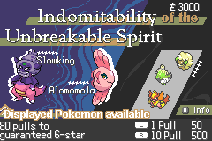 A gacha pull screen titled Indomitability of the Unbreakable Spirit, featuring Slowking and Alomomola, with 80 pulls to a guaranteed 6-star, a single pull for 50 and a 10-pull for 500