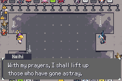 An NPC named Kaihi at a convention counter, saying With my prayers, I shall lift up those who have gone astray, with a crowd of costumed characters queued along the wall