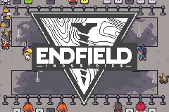 A dark title card reading Endfield Industries over a topographic mountain design, framing a lineup of costumed trainers