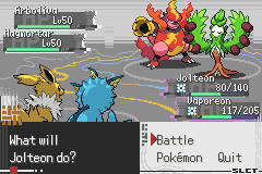 A battle where the player's Jolteon and Vaporeon face an opponent's Arboliva and Magnortar, both level 50, with the prompt What will Jolteon do?