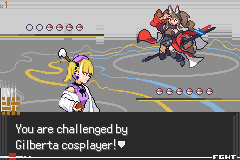 A battle intro reading You are challenged by Gilberta cosplayer!, with the trainer striking a pose beside a masked companion
