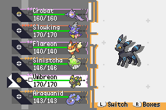 A party roster screen listing Crobat, Slowking, Flareon, Sinistcha, Umbreon and Araquanid with their HP totals, next to a dark-colored Umbreon sprite