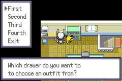 A bedroom with a menu of five drawers open and the question “Which drawer do you want to choose an outfit from?”, the player standing beside a Pikachu