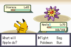 A battle: a level 65 Starmie against a level 70 Pikachu called Apple at full health, with the Fight, Bag, Pokémon and Run menu open