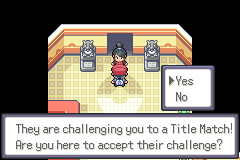 An indoor room with two statues, the player facing a challenge message reading “They are challenging you to a Title Match! Are you here to accept their challenge?” with a yes/no box