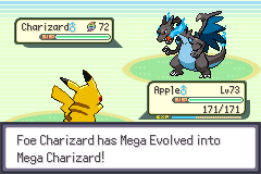 A battle in which the message reads “Foe Charizard has Mega Evolved into Mega Charizard!”, with the black and blue Mega Charizard X facing a Pikachu
