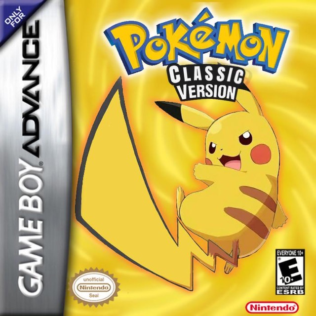 Box art for Pokémon Classic: Pikachu on a swirling yellow background, in a Game Boy Advance box