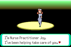 A nurse standing in a battle-style scene, introducing herself as Nurse Practitioner Joy