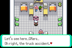 A hospital ward of made beds seen from above, the player standing between them while a character mentions the truck accident