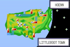 The region map — a green landmass dotted with red and white route markers, with the current town named in a box below