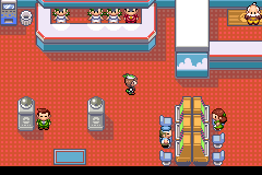 The inside of a department store — counters, staff behind them and an escalator, with the player walking through