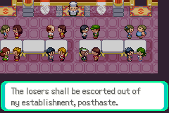 A crowded club interior, rows of seated people at small tables, with a textbox about losers being escorted out