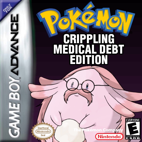 Box art for Pokémon Crippling Medical Debt Edition: a large pink Pokémon in round glasses and a moustache on a Game Boy Advance box