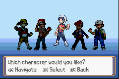 The character select screen, choosing between protagonists from the first four generations