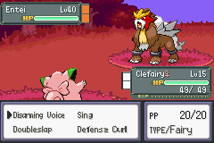 A battle between Clefairy and a wild Entei on a custom arena background
